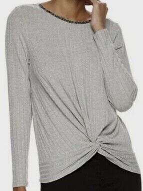 Juicy Couture Grey Ribbed Twist Sweater With Sparkle Neckline Cutout Tie Back, M